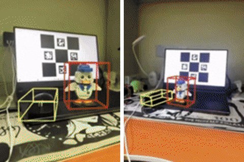Camera A and camera B views with estimated 3D bounding boxes around two objects on a desk.